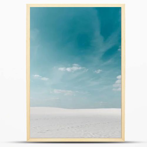 beautiful beach with white sand and blue sky with white clouds and geometric illustration