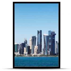 The morning panoramic view of the skyscrapers of Doha from the Persian Gulf. Futuristic skyline in the financial district of Qatar