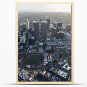 Afternoon aerial view of Century City buildings and streets in Los Angeles, California.  