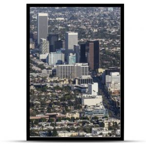 Aerial view of Wilshire Blvd Miracle Mile neighborhood in Los Angeles, California.