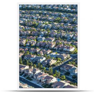 Aerial view of modern residential streets in the San Fernando Valley region of Los Angeles, California.