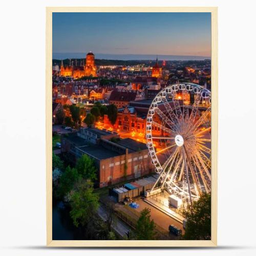 Aerial view of the beautiful Gdansk city at dusk, Poland