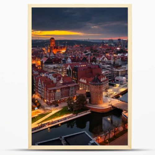 Aerial view of the beautiful main city in Gdansk at dusk, Poland