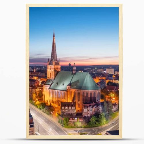 Szczecin, Poland. Aerial view of Archcathedral Basilica of St. James the Apostle at dusk