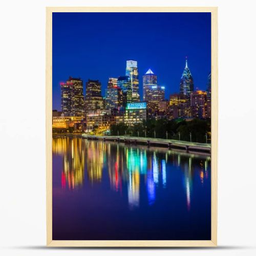 The Philadelphia skyline and Schuylkill River at night, seen fro
