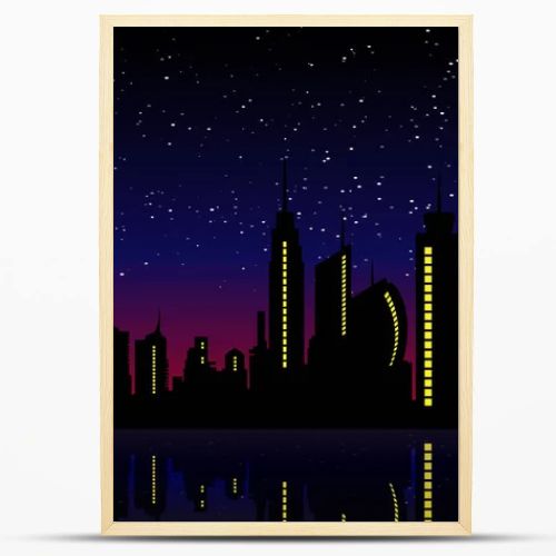 Night City Skyline. Cityscape Background, Beautiful night sky with stars over city buildings vector illustration 