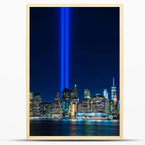 Clear view from Brooklyn of 911 memorial tribute light in Manhattan, New York City