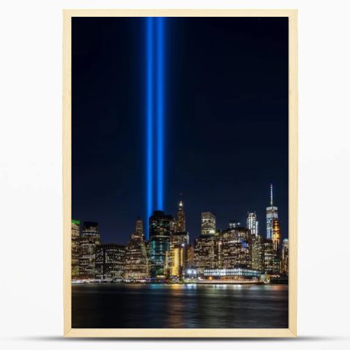 Clear view from Brooklyn of 911 memorial tribute light in Manhattan, New York City