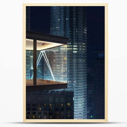 Modern sky office by night with beautiful city skyline view .