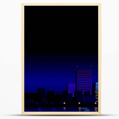 Futuristic night city. Downtown, digital cityscape with skyscrapers. Retrowave 80s-90s aesthetics. Pixel art game location. Old style video game. Copy space