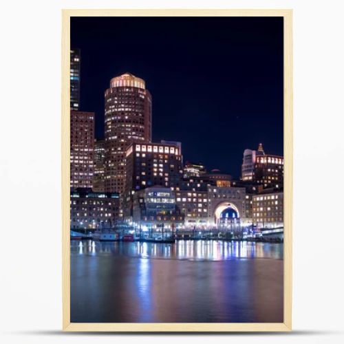 Boston Harbor and Financial District skyline at night - Boston, 