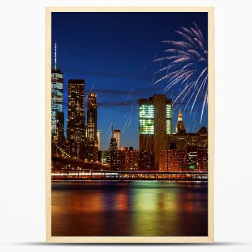 New York City's Brooklyn Bridge and Manhattan skyline illuminated amazing fireworks in Independence day