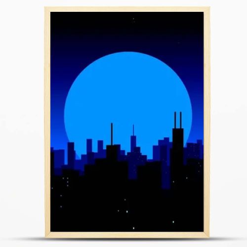 Moon rising over a city. Night City Skyline. Cityscape Background, Beautiful night sky with stars over city buildings. Best wallpaper. Blue sky.