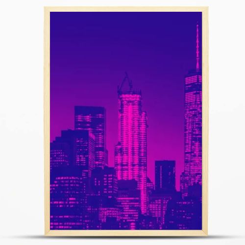 Night view of lower Manhattan skyline in New York. Blue and purple duotone effect