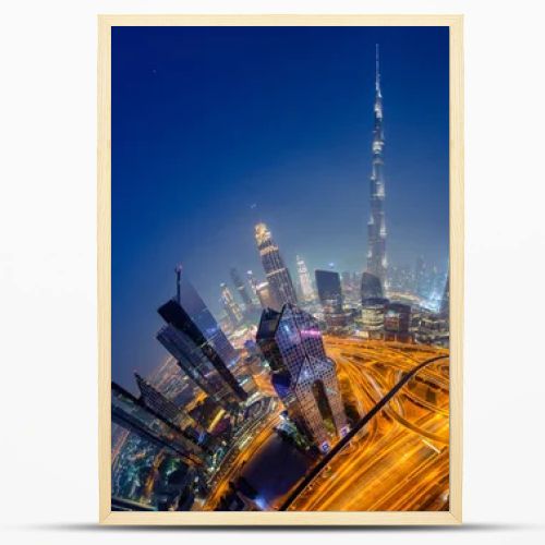 Dubai skyline at night, Little Planet effect. panoramic aerial top view to downtown city center landmarks