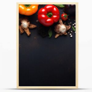 Food background at black kitchen table, Ingredients for cooking, vegetarian food. Long banner format.