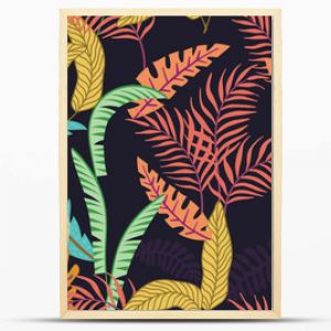 Abstrakcyjna egzotyczna kompozycja tropikalnych liści i palm. Plaża dżungli kreskówka wzór tapety czarne tło