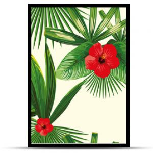 Tropical leaves seamless hibiscus white background