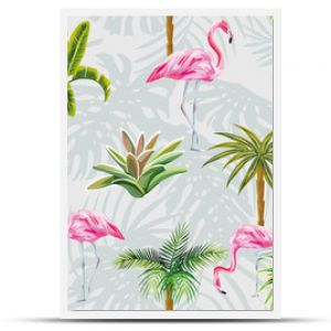 Flamingo palm trees cactus seamless grey background with leaves