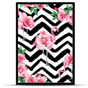 Flamingo roses seamless pattern black white zigzag background