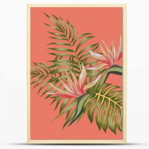 Tropical flowers strelizia and palm leaves composition