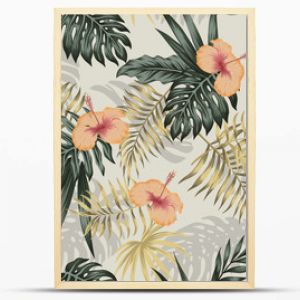 Green gold plants hibiscus seamless beige background