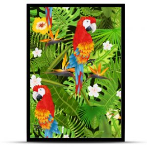 Wzór z egzotycznymi liśćmi tropikalnymi, kwiatami i ilustracją papugi