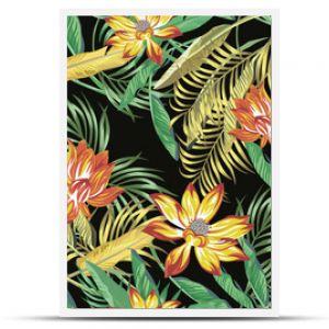 Piękny ognisty kolor, egzotyczne tropikalne kwiaty, lotosowa lilia i zielony złoty kolor palmowych, bananowych paproci, liści bez szwu wektorowego wzoru