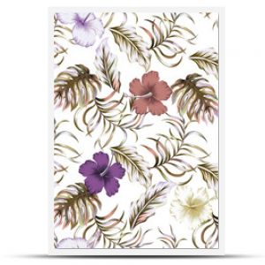 Streszczenie wielokolorowy kolor kwiatowy ilustracja wektor tropikalnych liści i kwiatów hibiskusa wzór na białym tle