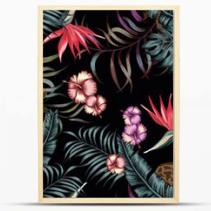 Egzotyczne tropikalne rośliny i kwiaty w nocy w dżungli z żyrafą Bezszwowy wzór ilustracji wektorowych na czarnym tle str