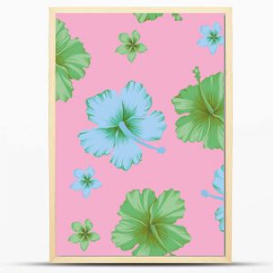 Abstrakcyjna plaża wesoły kolor zielony i niebieski hibiskusa i tropikalne kwiaty frangipani bez szwu wektor wzór na różowym tle