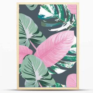 Wydrukuj letnie, modne, egzotyczne, abstrakcyjne, różowe liście tropikalne z zielonym marmurowym liściem monstera, bezszwowym wzorem wektorowym na szarym b