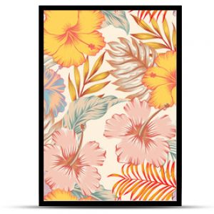 Egzotyczny wektor bez szwu modny rysunek kwiatów hibiskusa z liśćmi palmy na jasnożółtym tle Tropikalne summe