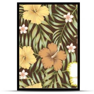 tropical leaves hibiscus frangipani seamless brown background