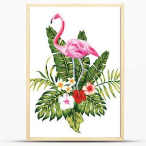 Composition of pink flamingo tropical leaves and flowers white background