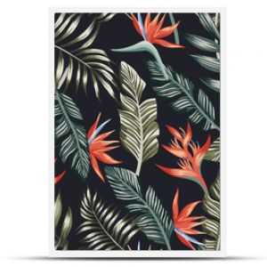 Palm leaves tropical flowers seamless black background