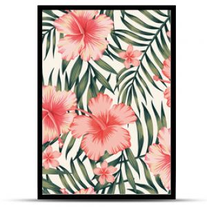 hibiscus pink palm leaves dark green pattern