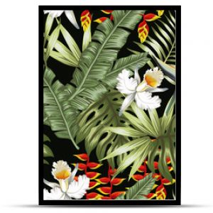 Jungle flowers and leaves black background