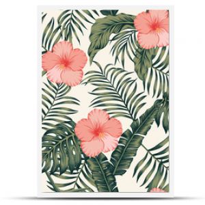 Tropical leaves and hibiscus abstract colors seamless white background