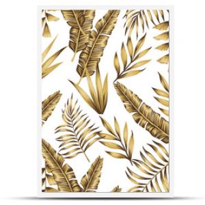 Gold tropical leaves seamless white background