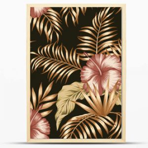 Tropikalna kompozycja botaniczna hibiskusa złote liście palmowe na czarnym tle