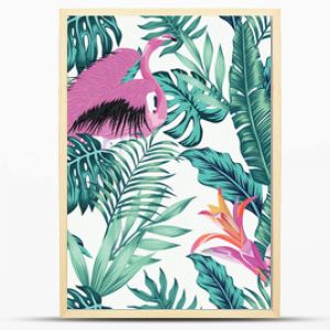 Exotic bird pink flamingo leaves seamless white background