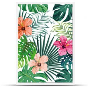 Bezszwowy egzotyczny wzór z liśćmi monstery tropikalnych palm bananowych i różowo-beżowym i różowym kwiatem hibiskusa na białym tle