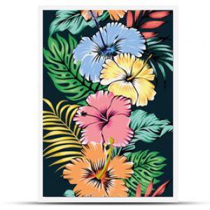 Żywa letnia ilustracja kreskówka wektor styl bezszwowa wstążka wzór kwiaty hibiskusa i liście tropikalne na czarnym tle