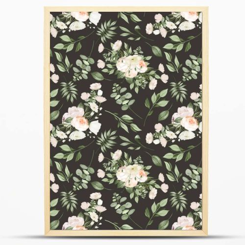 Seamless pattern of white flower bouquets and greenery, illustration on dark background