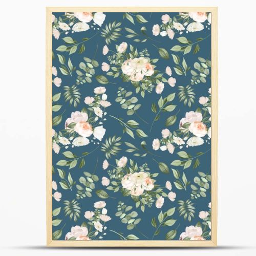 Seamless pattern of white flower bouquets and greenery, illustration on dark blue background