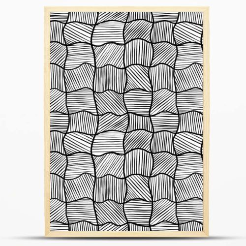 Checkerboard pattern - asymmetrical squares with hatching on a white background, seamless pattern