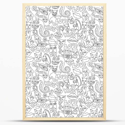 Seamless pattern of dragons, cat and dog faces, lips and Love. Hippie print, coloring book page for adults and children