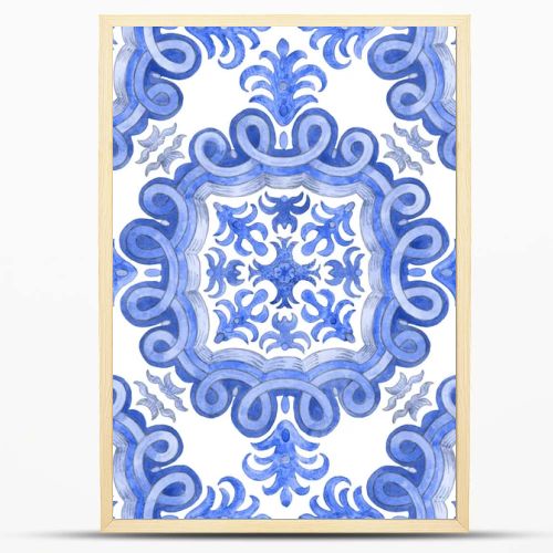 Seamless pattern of watercolor painted blue mosaic tiles with floral ornaments in Mediterranean majolica ceramic painting style on a white background. Wallpaper dcor, batik print