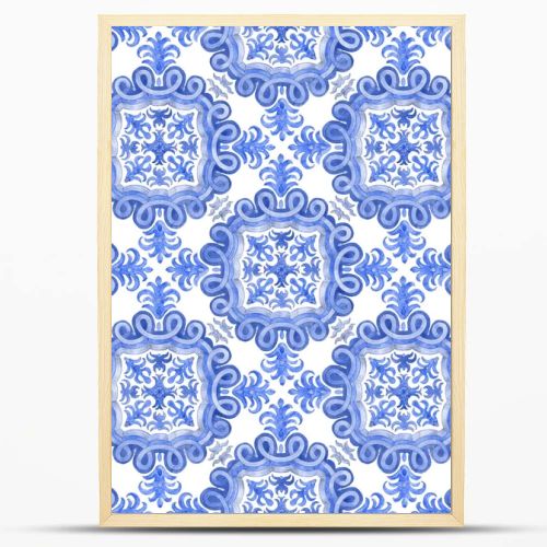 Seamless pattern of watercolor painted blue mosaic tiles with floral ornaments in Mediterranean majolica ceramic painting style on a white background. Wallpaper dcor, batik print